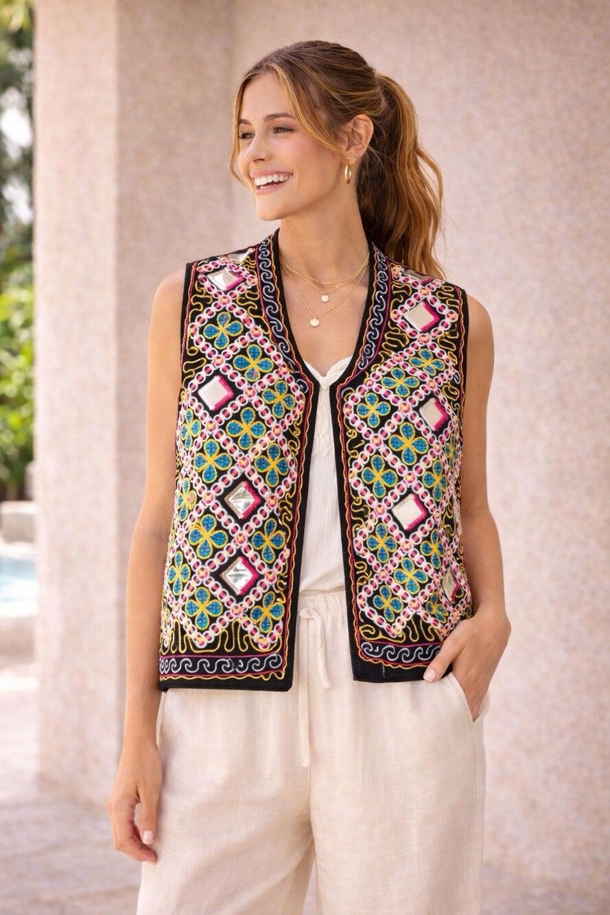 Handmade Mirror Embroidered Vest Boho Ethnic Black Artisan One Size